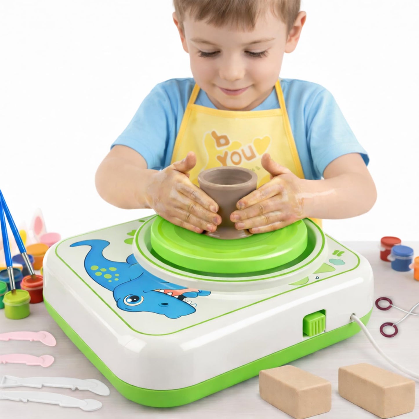 ROHSCE Pottery Wheel for Kids, Dinosaur Theme Pottery Studio Kit, Arts and Crafts for Boys and Girls Ages 5-12, Creative Holiday Gift with Non-Toxic Clay