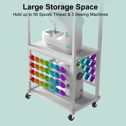 Rolling Craft Table with 56 Spools Thread Holder, 3 Storage Shelves, Portable Sewing Cabinet for Embroidery Machine, Craft Cart Organizer, White