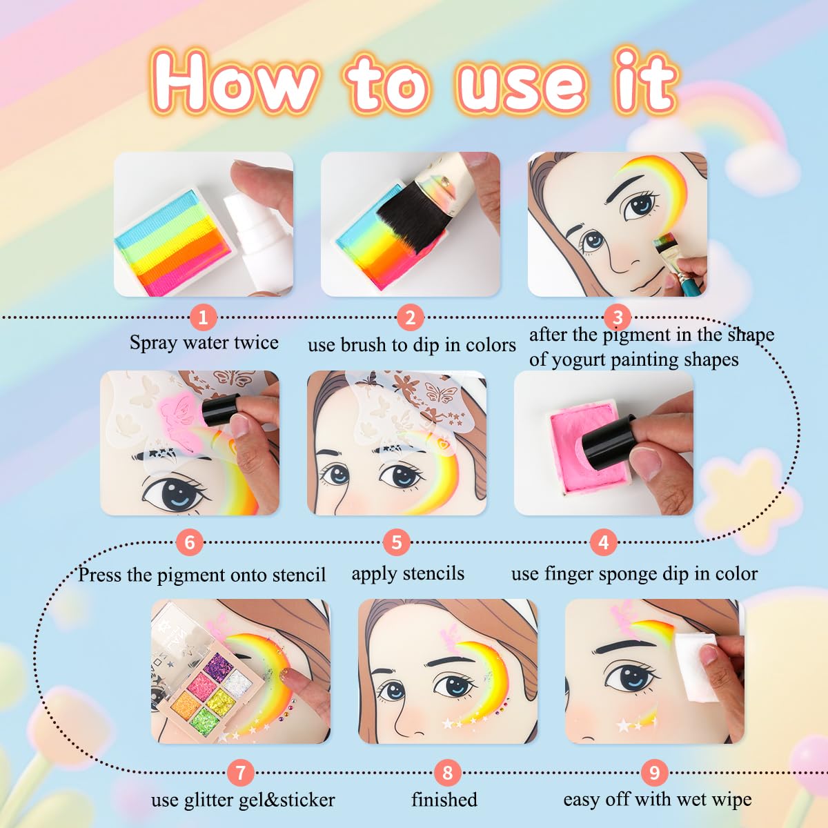 Professional Face Painting kit 110 Colors Split Cake Face Paint 96 pcs Set Non-Toxic Washable & Safe with Brushes Sponges Glitter Stencils for Halloween Makeup Kit for Pro Face Painter full kit