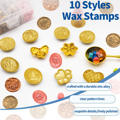 Waltool 917Pcs Wax Stamp Bead Kit for Beginner, 18 Colors Wax Sealing Beads, 10 Stamps, Spoon for Wedding Invitation, Envelope Seal, DIY Crafts, Gift Idea