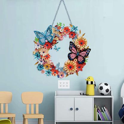 STGLCR Butterfly Diamond Art Hanging Kit for Adult Wreath, DIY Acrylic Flowers Diamonds Painting Double Sided Ornament Pendant Board Kit Floral Diamond Painting Art for Christmas Decro 9.4inch