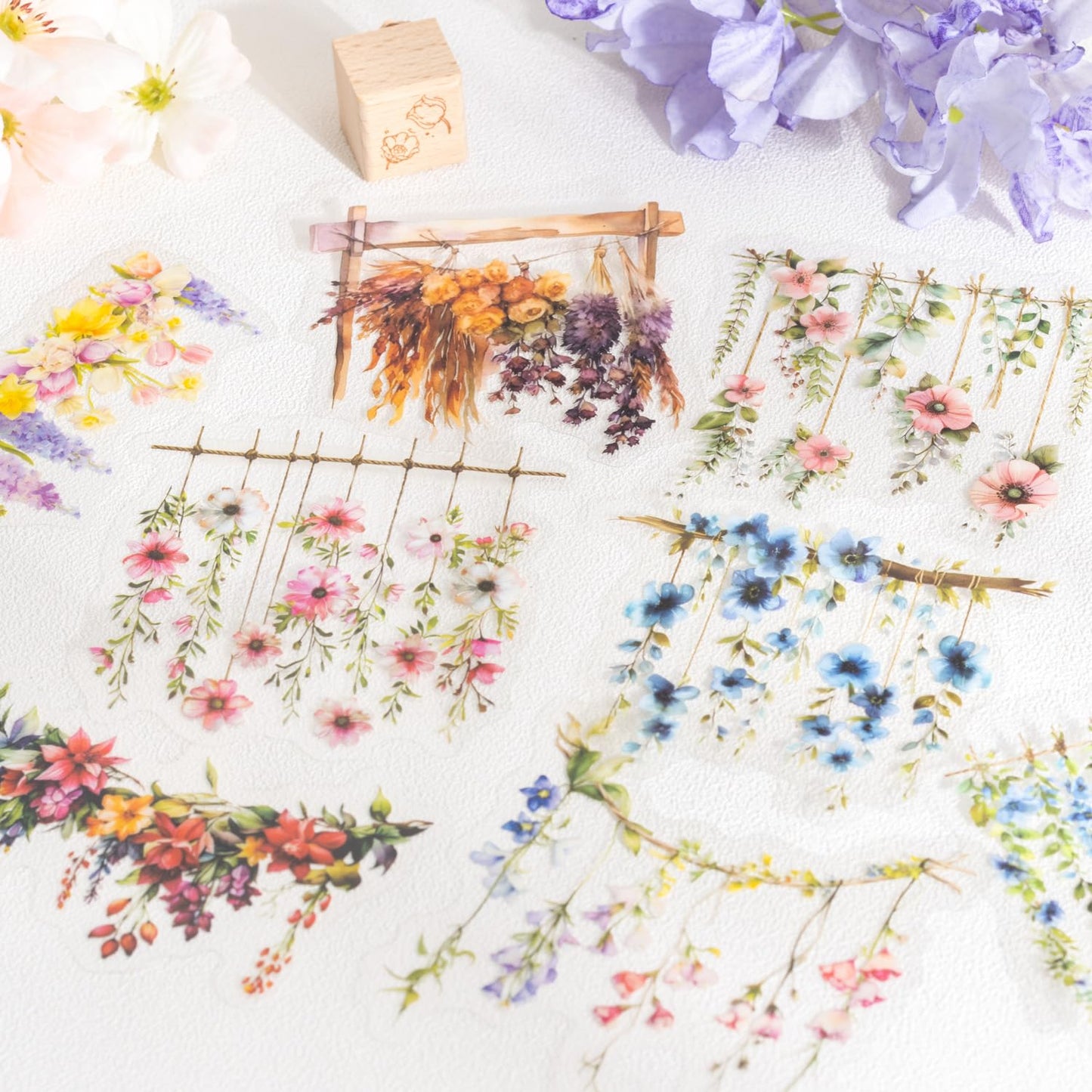 AuriicLeaf Hanging Floral PET Stickers Set, 60PCS Botanical Flower Stickers for Scrapbooking, Journaling, DIY Crafts, and Art Supplies