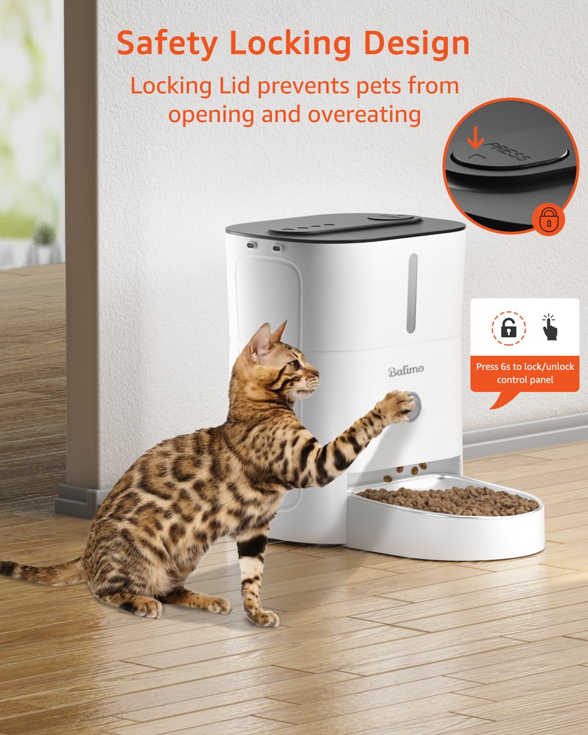 Balimo Automatic Cat Feeder, 3L, Stainless Steel Bowl, 1-6 Meals a Day, White