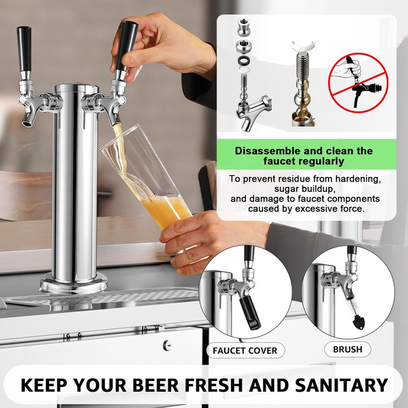 Dual Beer Tap Tower Dispenser with 1/4" Barb Fitting, Draft Kegerator Tap Tower Keg Tower Stainless Brass Core Self-Closing Beer Faucet Brewing Tower Dispenser with Pre-assembled Lines Kit