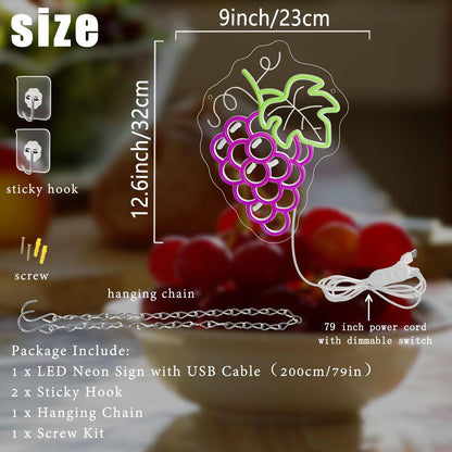 Grapes Neon Sign for Wall Decor, Dimmable Purple Grape Fruit Neon Lights, Vibrant Fruit Themed Neon LED Signs for Kids Room, Bedroom, Restaurant, Bar, Club, Fruit Shop, Birthday Party