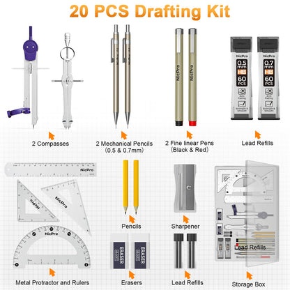 Nicpro 20PCS Professional Geometry Set with Case, Drafting Tools with Protractor and Compass, Metal Rulers, Triangles, Pens, Pencils, Drawing Supplies, Drafting Kit for Architect Engineer Students