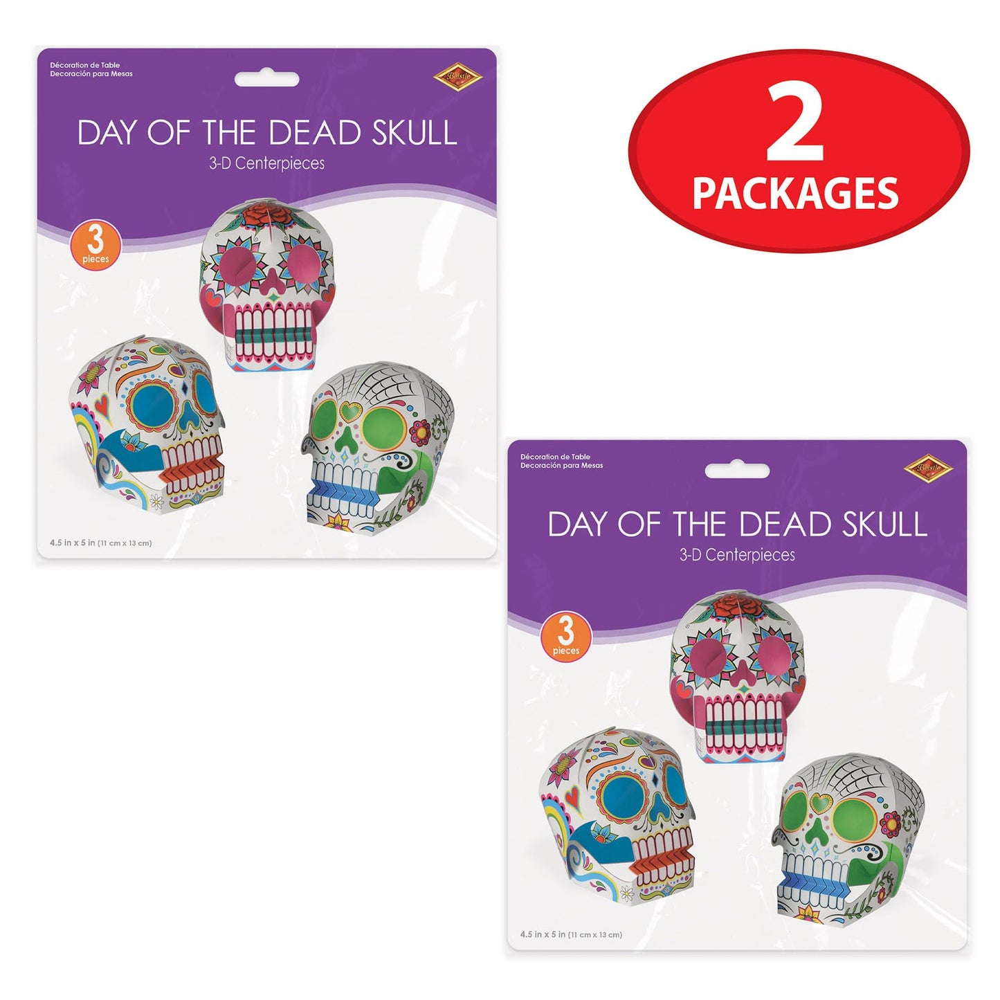 Beistle 6 Piece Three Dimensional Sugar Skull Day Of The Dead Centerpieces - Eye-Catching Dia De Los Muertos Party Decorations, Made In USA Since 1900
