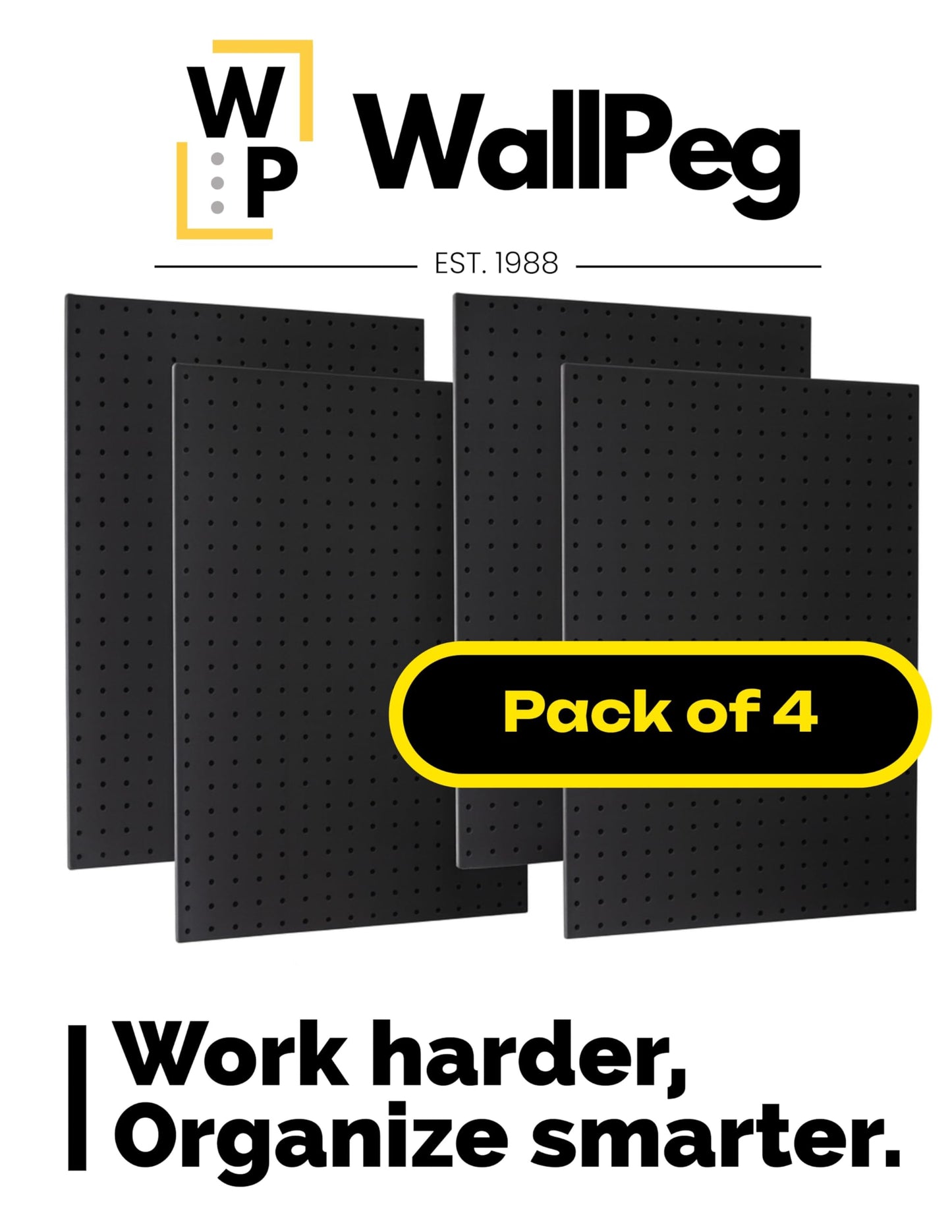 WallPeg Pegboard Kit - 4 Each 24"x16" Peg Board Panels - Made in USA - Mounted Size is 64" x 24" Pegboards Wall Organizer for Walls Home, Garage Tool Storage, Office Organization, Kitchen, Craft Room