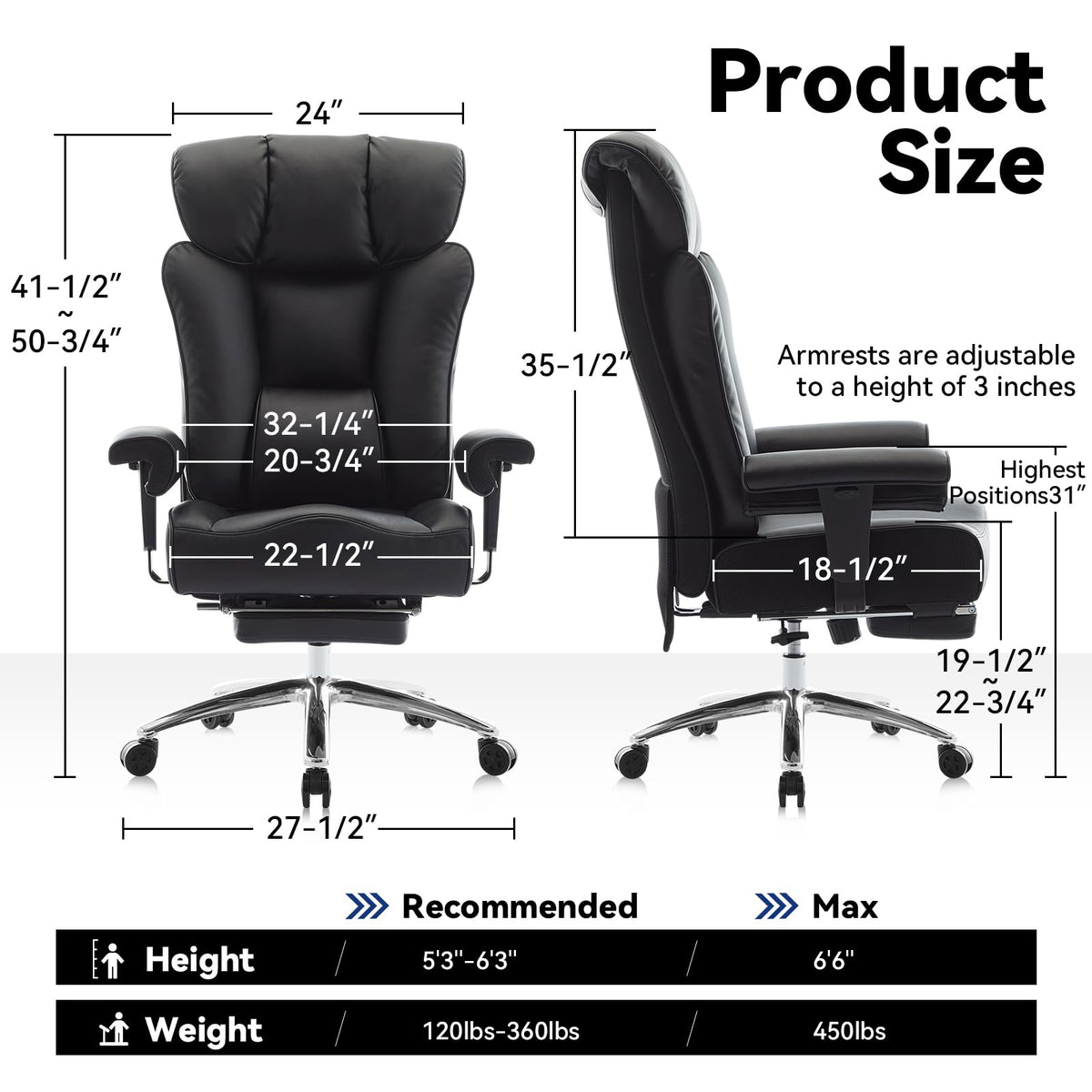 Efomao Big and Tall Office Chair with Footrest, 450lbs High Back Executive Chair with Spring Cushion, PU Leather Upholstery, Padded Armrests, Swivel Base, and Rolling Wheels – Black Computer Chair