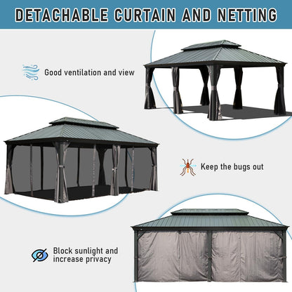 GOWE 14x24FT Hardtop Gazebo, Outdoor Gazebo with Galvanized Steel Double Roof, Aluminum Frame, Built-in Gutter System, Curtain and Netting, Metal Gazebo Pavilion for Patio Deck Garden, Grey