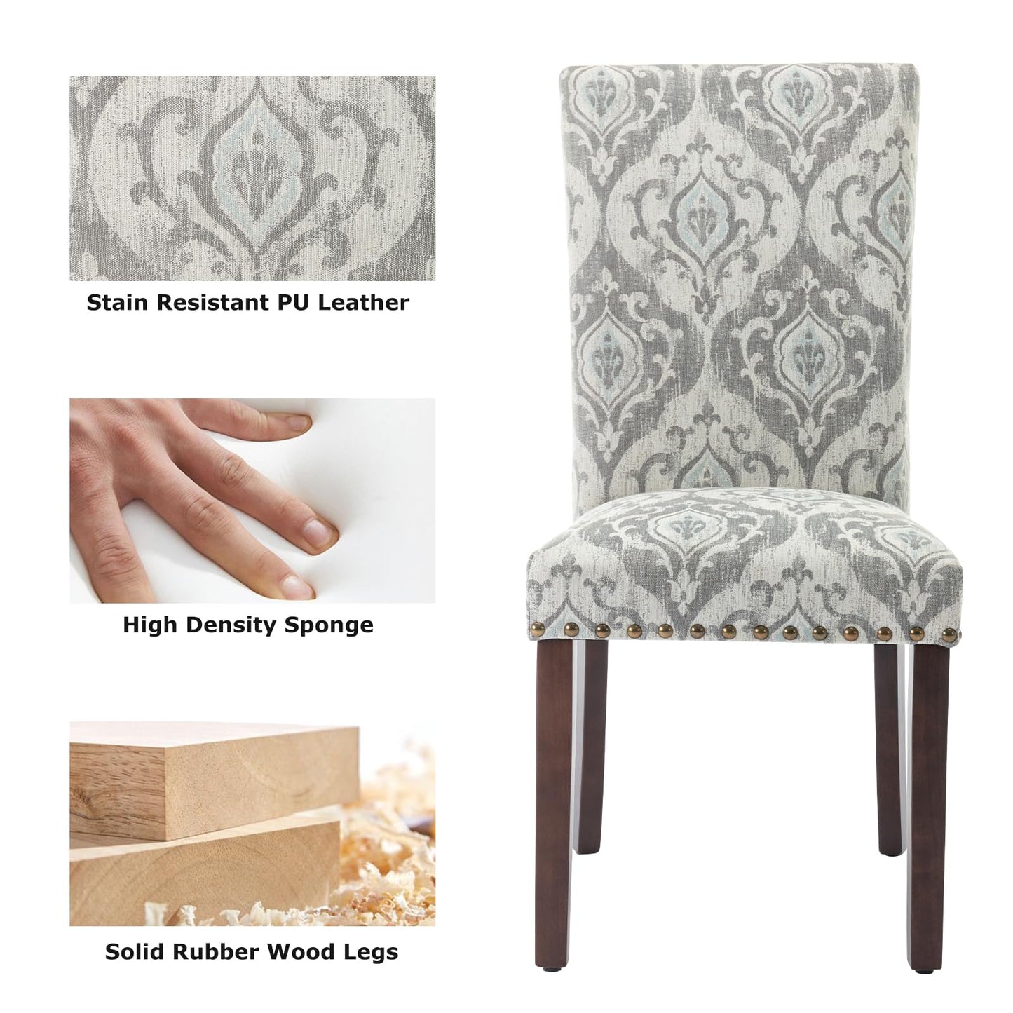 COLAMY Upholstered Parsons Dining Chairs Set of 6, Fabric Dining Room Kitchen Side Chair with Nailhead Trim and Wood Legs - Grey/White Flower