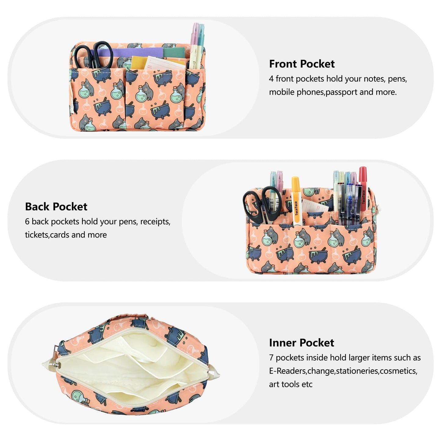 Portfolio Organizer with Multiple Pockets, Waterproof Travel Zippered Toiletry Bag, Portable Storage Pencil Pouch for Notebooks, Stationeries, Make-up, Journal Office Art Supplies.Potion Cat