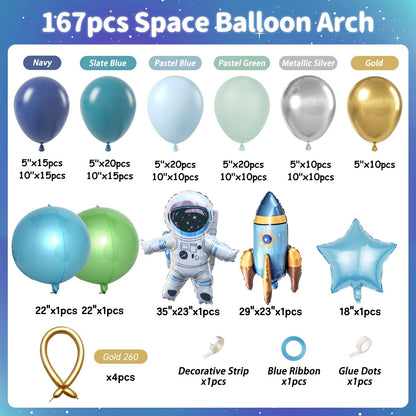 167pcs Space Balloons Arch Kit - Outer Space Party Decorations with Astronaut Rocket Blue Green Balloons for Baby Shower