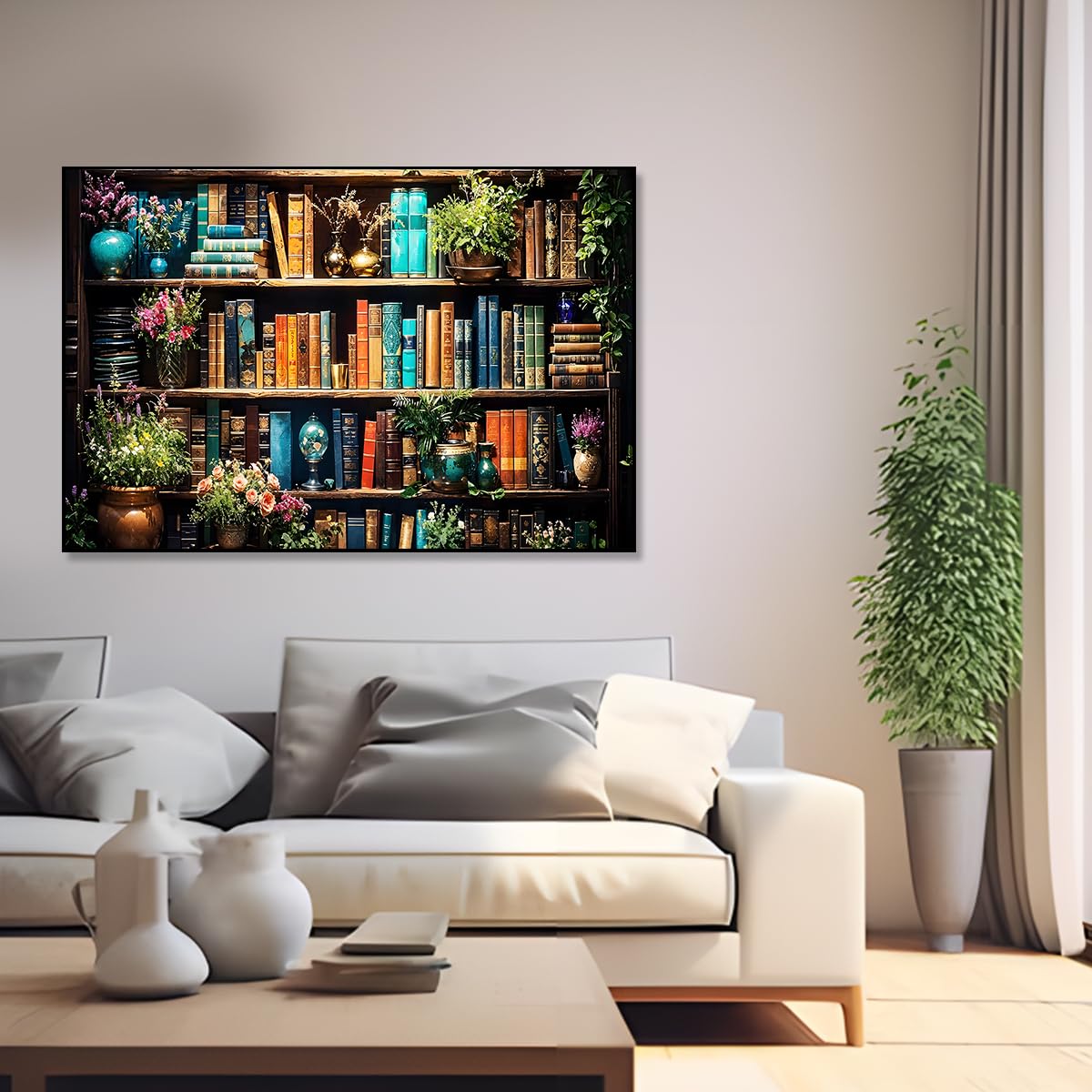 Ohhvvow 5D Bookshelf & Blooms Large Diamond Art Kit for Adults, 27.5x15.7 Inch Cozy Library Diamond Painting with Books & Flowers, DIY Full Drill Gem Craft Kits, Gift for Book Lovers & Beginners