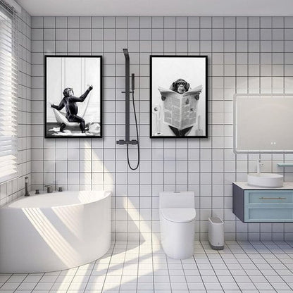 Funny Monkey Painting Poster - Framed Black and White Canvas Art | 12" x 16" for Kids' Bathroom Decor