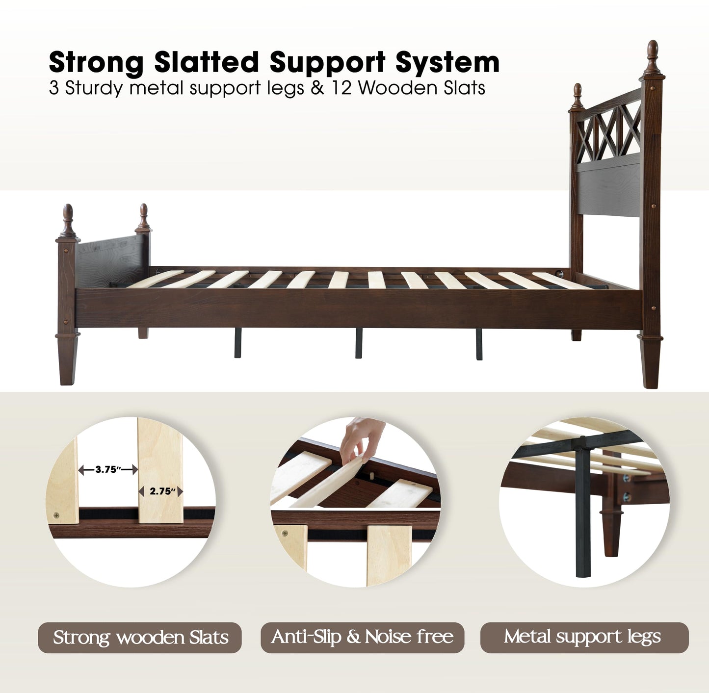 King Size Solid Wood Platform Bed Frame with Headboard & Footboard, 12 Durable Slatted Base with Metal Legs, Easy Assembly, Slip-Free & Anti-Noise, No Box Spring Needed, Dark Roast Oak Finish RIK-32
