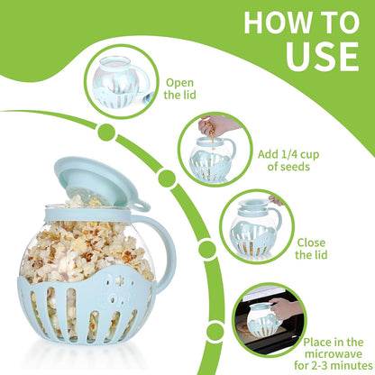 MMUGOOLER Glass Microwave Popcorn Popper, 2.25QT Original Popcorn Jar with Silicone Lid, Blue