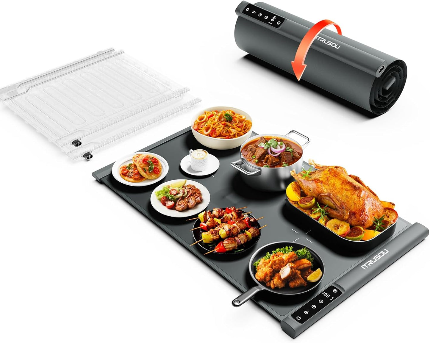 25.2x16" 7 Settings, 99H iTRUSOU Food Warming Mat Extendable Roll-Up Electric Warming Tray with Temp Timer