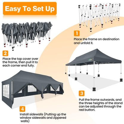COBIZI 10x30 Pop up Canopy with Roller Bag & 8 Removable Sidewalls, Canopy Tent for Parties, Wedding, and Commercials, Waterproof and Instant Shelter UV50+ Outdoor Gazebo with 4 Sandbags(Gray)