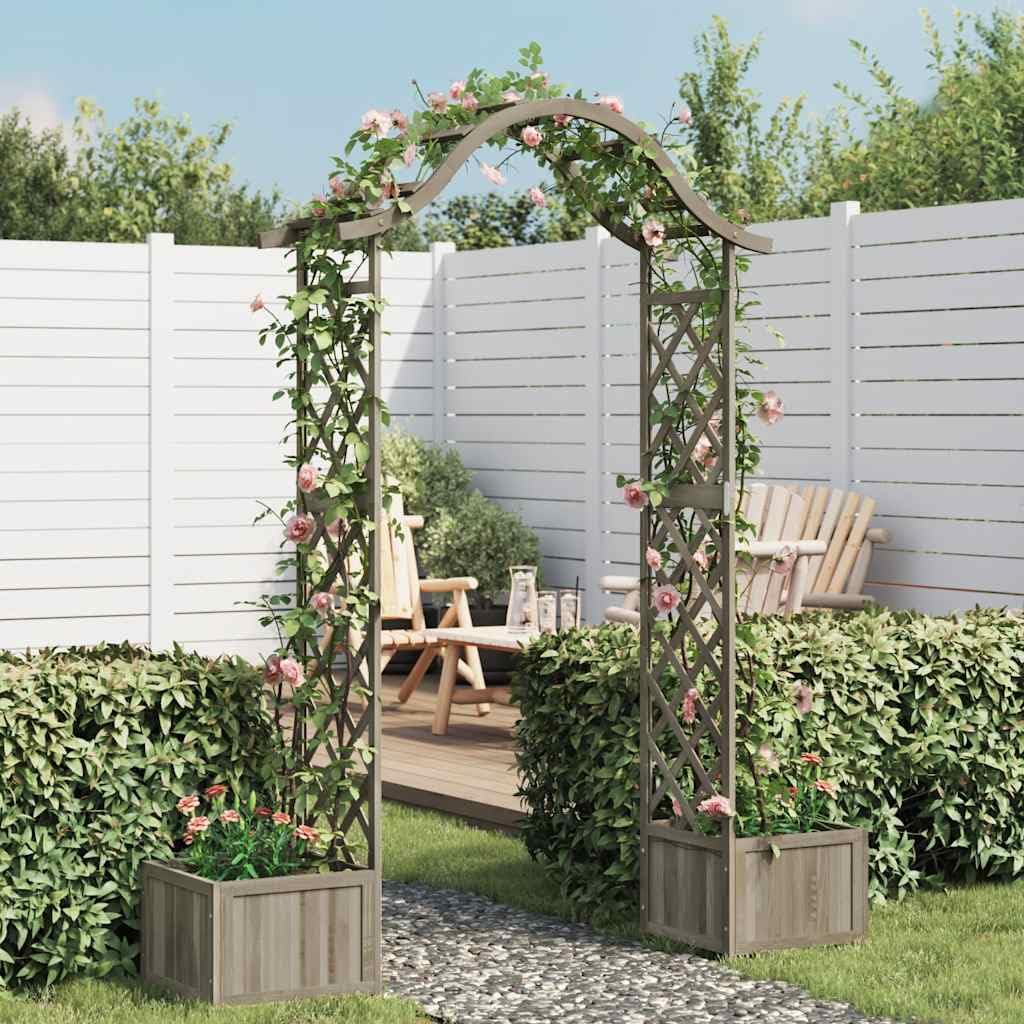 Wooden Garden Arch with Integrated Planter, Decorative Firwood Pergola for Climbing Plants, Grey Outdoor Entrance Decor for Backyard and Patio