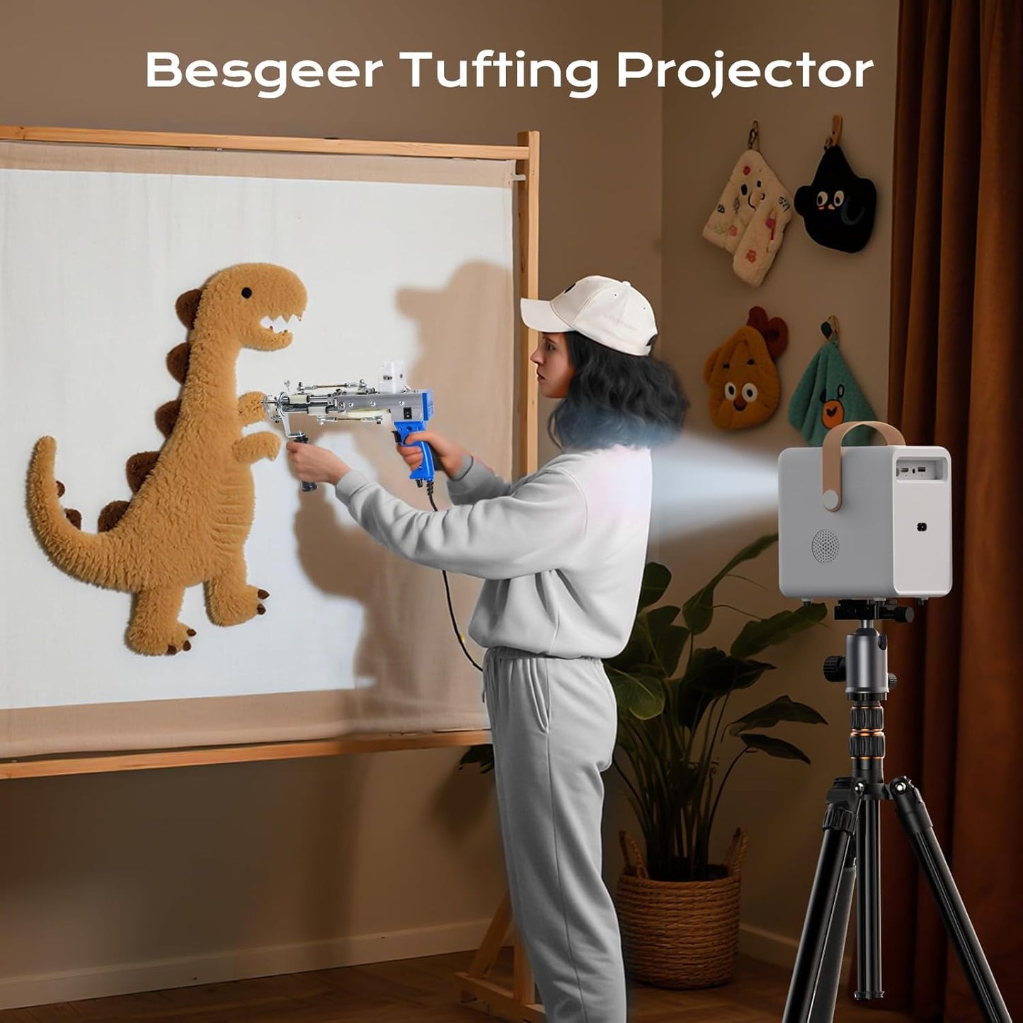 BESGEER Mini Projector WiFi for Tufting, 5.2 Built-in Bluetooth Portable Projector with HDMI/Audio/USB, 1080p Projector for Tracing Projection on Home DIY Rug Cloth Carpet (Cream White)