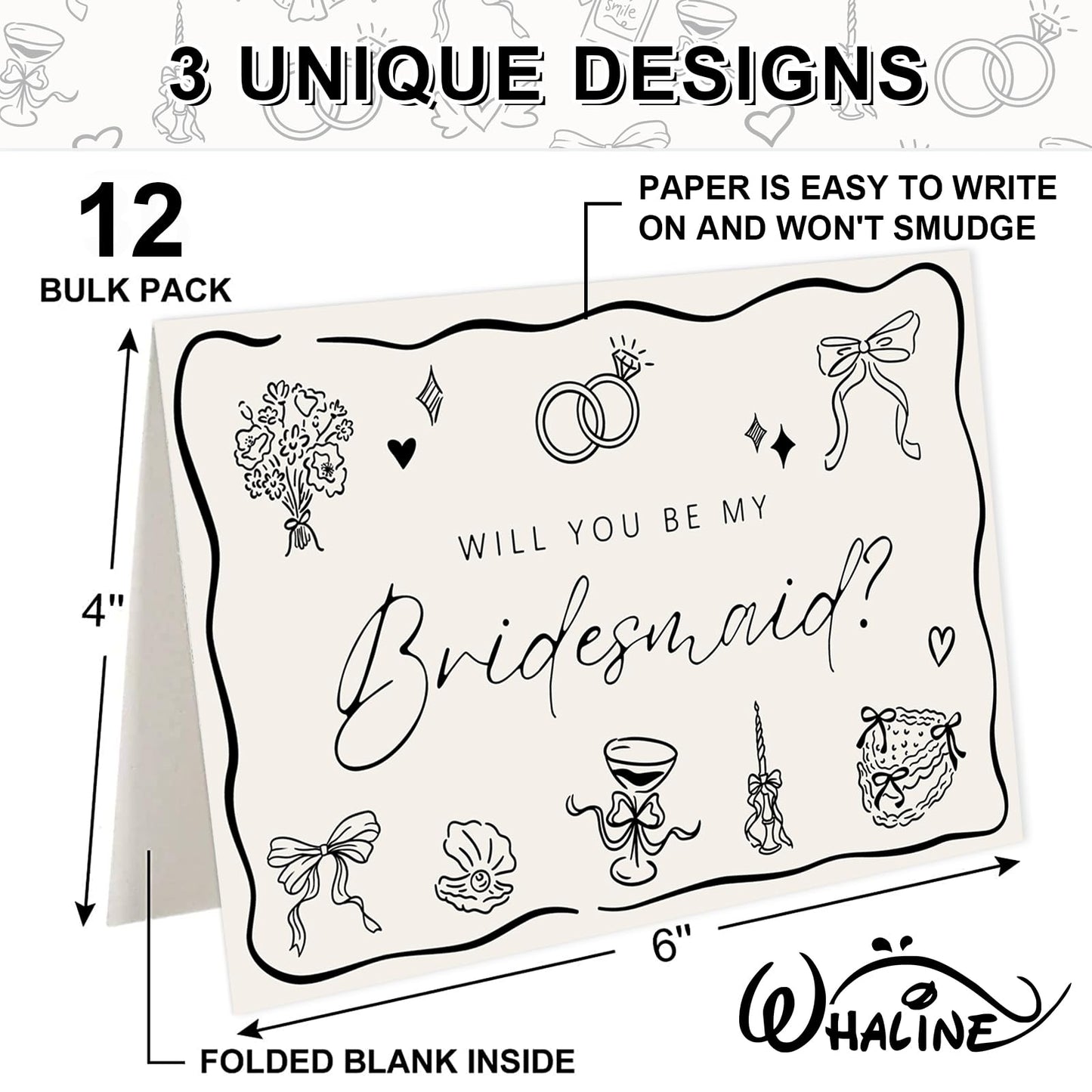 Whaline 12 Pcs Bridesmaid Proposal Cards, Black