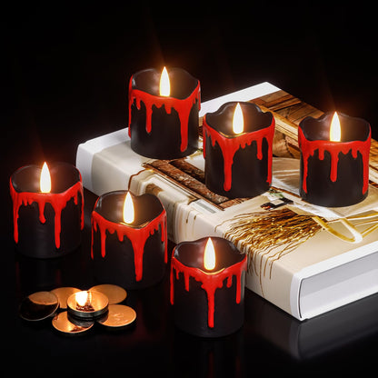 KunSwenn Halloween Black Votive Candles Battery Operated with Long Lasting CR2450 Batteries, LED Flameless Flickering Candles with 6H Timer, 6Pcs Black and Red Drip Wax Candle Gothic Home Decor