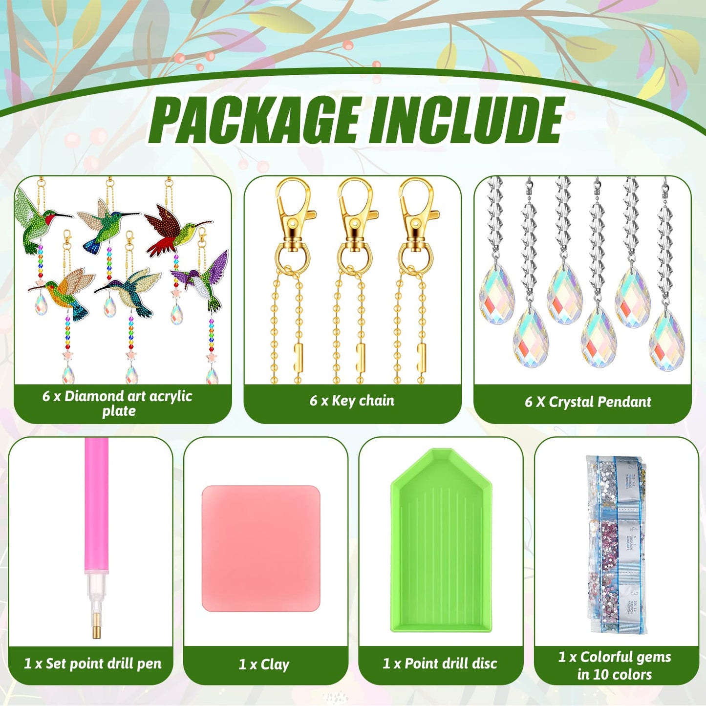 Tradder 6 Pcs Diamond Art Painting Hummingbird Wind Chimes Birds Art Kits for Adults 2026 Vacation Bible School Jungle Birds Craft Summer Suncatchers 5d DIY with Pendant for Home Window Decor Garden