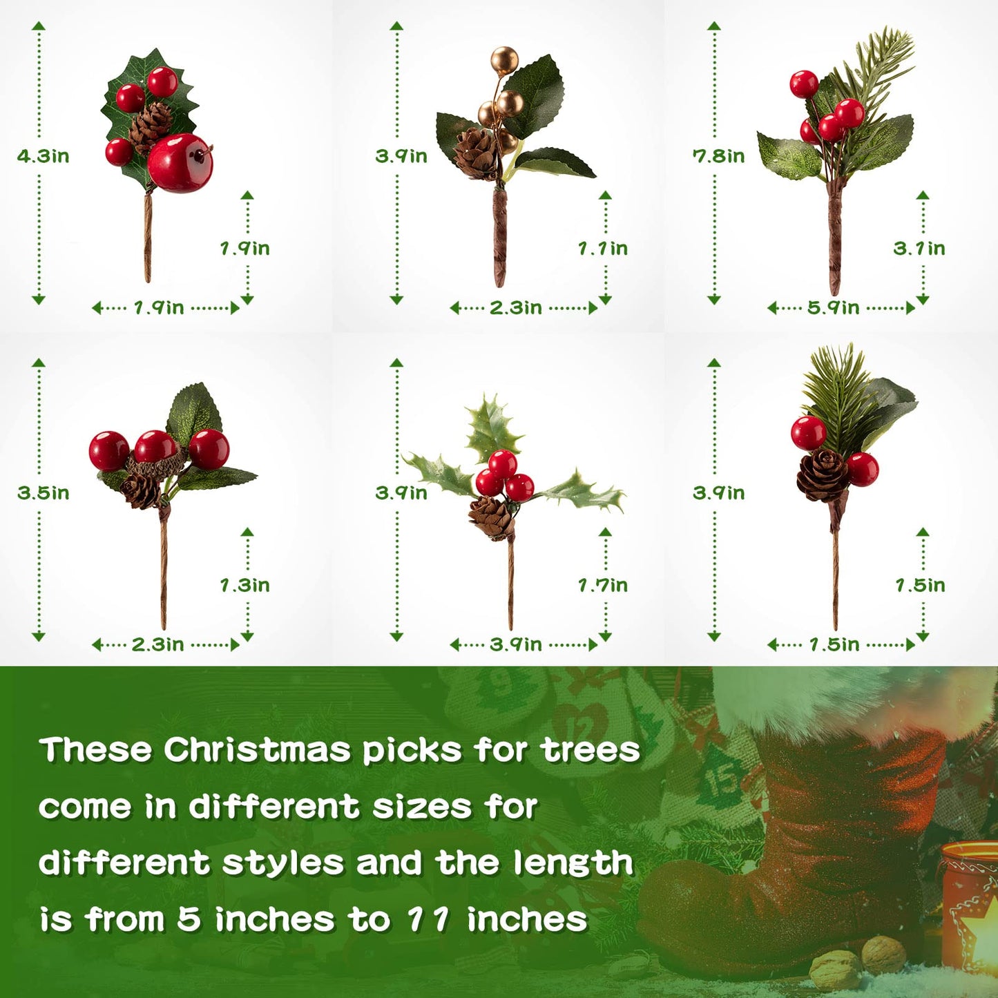 Yunsailing 37 Pcs Artificial Christmas Tree Picks Faux Cedar Holly Pine Stems with Red Berries Christmas Tree Picks Decorations for Xmas Winter Holiday DIY Crafts Wreath(Classic)
