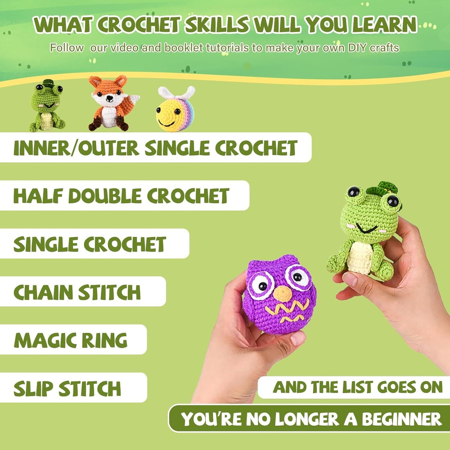 JackCao 6 Pack Crochet Kit for Beginners, 2026 DIY Craft for Adults, Crochet Animal Plush Kit with Step-by-Step Video Guides Tutorials Birthday Gift for Beginner Crochet Lovers ﻿ (Green)