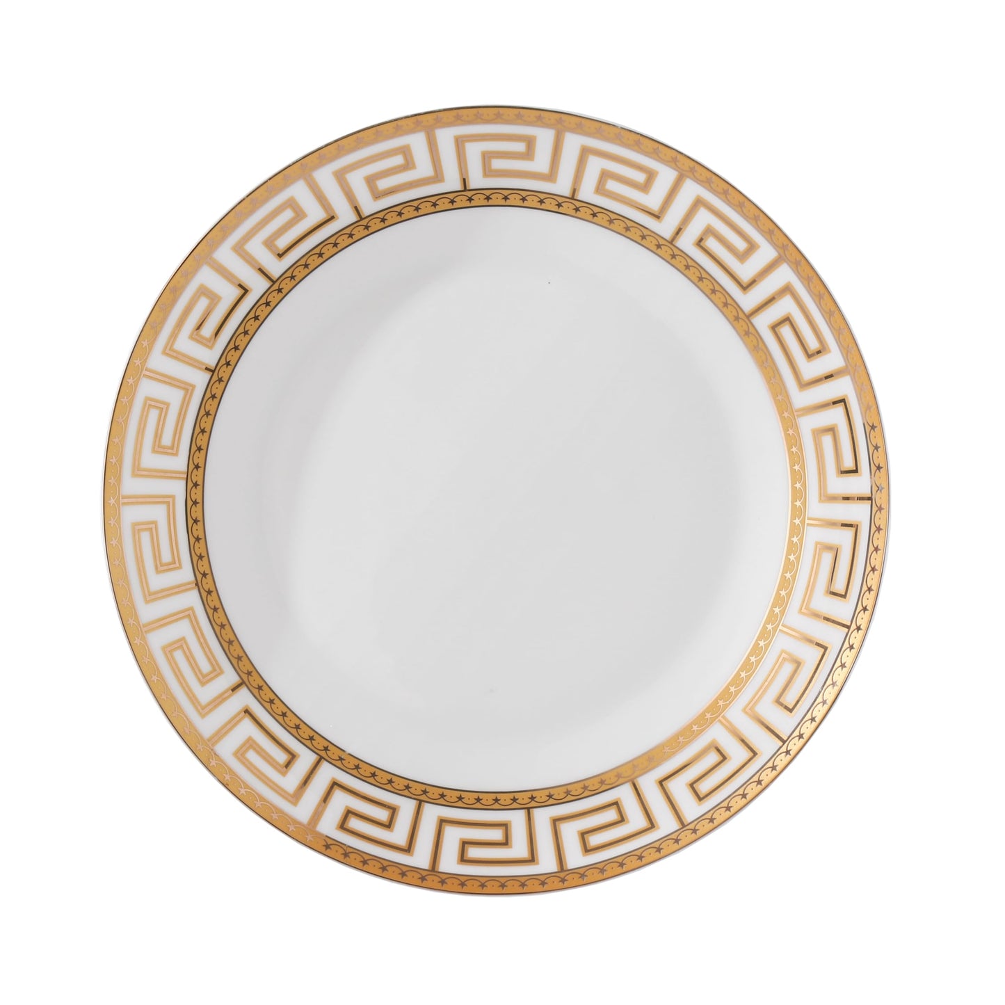 Lorren Home Trends 24 Piece Bone China Dinnerware Set with Gold Greek Key Design, Service for 4, White