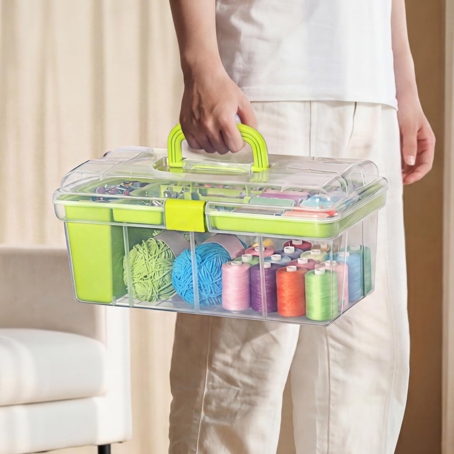 BTSKY 15 Inch Large Capacity Portable Clear Sewing Storage Box - with Removable Compartment Tray, Multi-Layer Sorting Organizer for Thread/Buttons/Tools/Craft DIY, Green