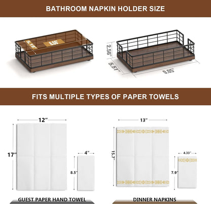 Guest Towel Holder Tray for Bathroom, Oak and Iron Napkin Holder for Powder Room, Black & Walnut