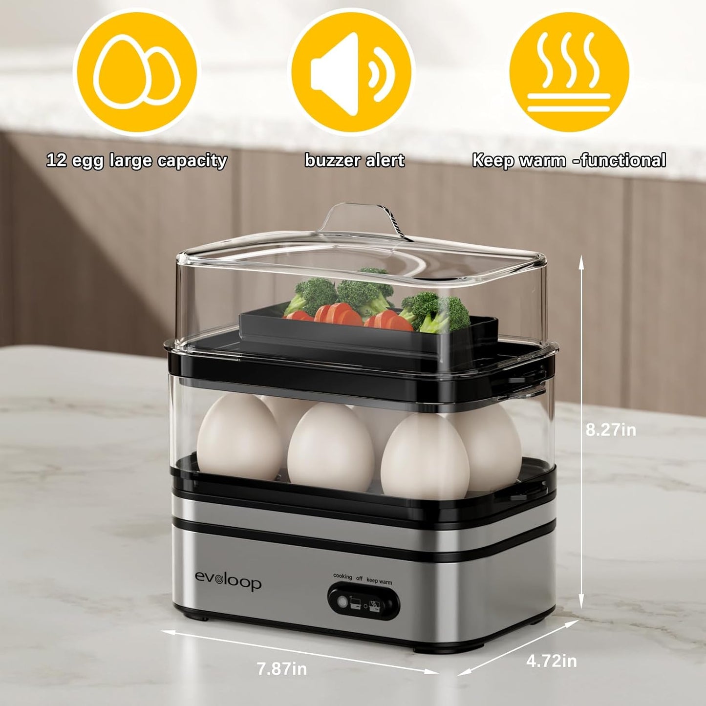 12 Evoloop Rapid Egg Cooker Electric Eggs Capacity, Soft, Medium, Hard Boiled, Poached, Omelet Maker Egg Poacher