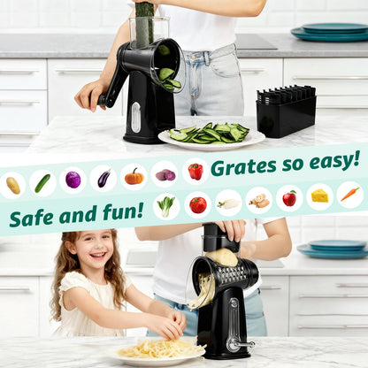 EVUCBEITS Rotary Cheese Grater Hand Crank - Cheese Shredder with 5 Blades & Strong Suction Base, Mandoline Slicer Vegetable Chopper, Kitchen Gadgets with Storage Box, Black