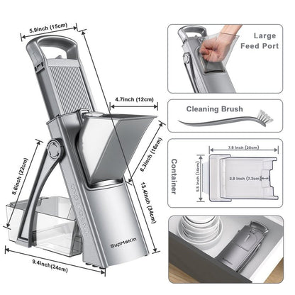 SupMaKin Upgrade Safe Mandoline Slicer for Kitchen,Adjustable Potato Slicer Vegetable Onion Chopper, French Fry Cutter, Include Vegetable Peeler(Gray)