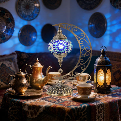 BOHMR DIY Turkish Mosaic Lamp Kit, Moon Stained Glass Lamp Making Kit- Easy,Fun,No Experience Needed, Mosaic Art & Craft Project Kits for Adults & Teens, Make Your Own Table Lamp,Christmas Gift,Blue
