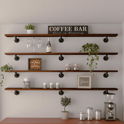 IEO Industrial Pipe Shelving Shelf,Wall Shelves Wood Shelf:Kitchen Shelves, 60 Inches Wood Long Floating Shelves for Wall Farmhouse Pipe Book Shelves Dark Brown for Decor and Bar Shelving