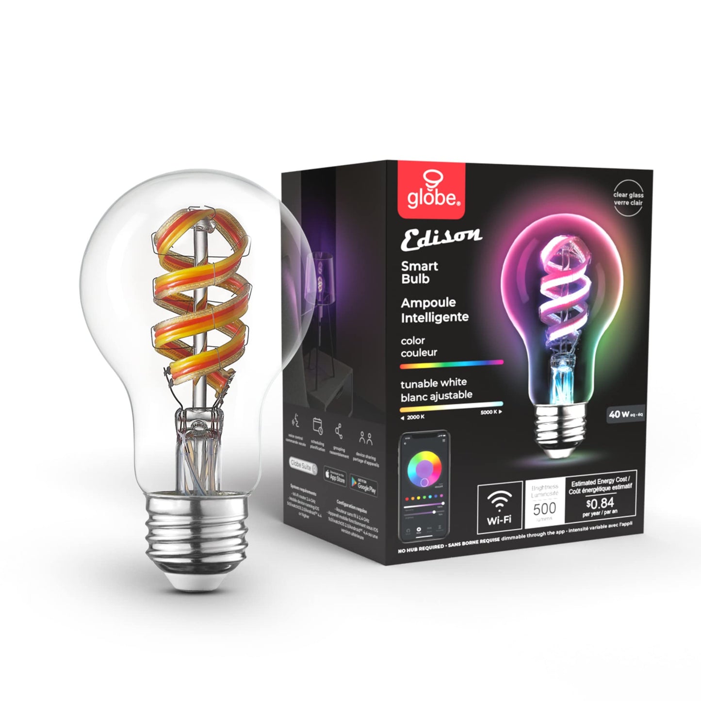 GLOBE Electric 34919 Wi-Fi Smart 5.5W (60W Equivalent) Straight Filament Tunable White Amber Glass LED Light Bulb, No Hub Required, Voice Activated, 2000K - 5000K, Vintage Edison Style, 500 Lumns