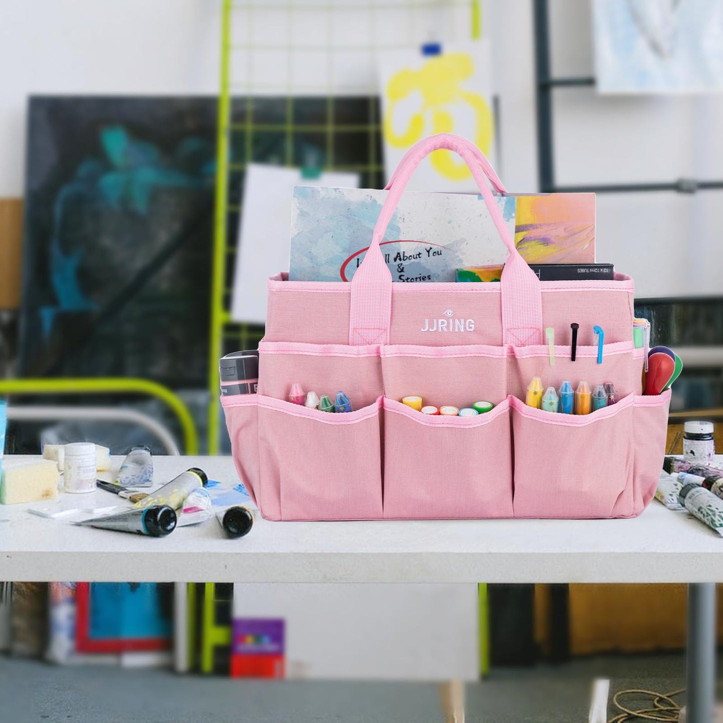 JJRING Craft Tote Bag Organizer for Art Storage, Art Tote Organization with Multiple Pockets, Art Sewing Supply Bag for Scrapbooking, Medical, and Office Supplies Storage (Pink)