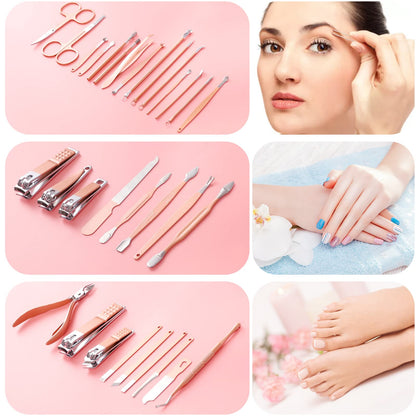 Manicure Set Pedicure Kit Womens Nail Clippers Set 32 in 1 Professional Grooming Care Tools Nail Kit Including Facial, Fingernails and Toenails Care with Travel Case Women (Rose Pink_32 in 1)