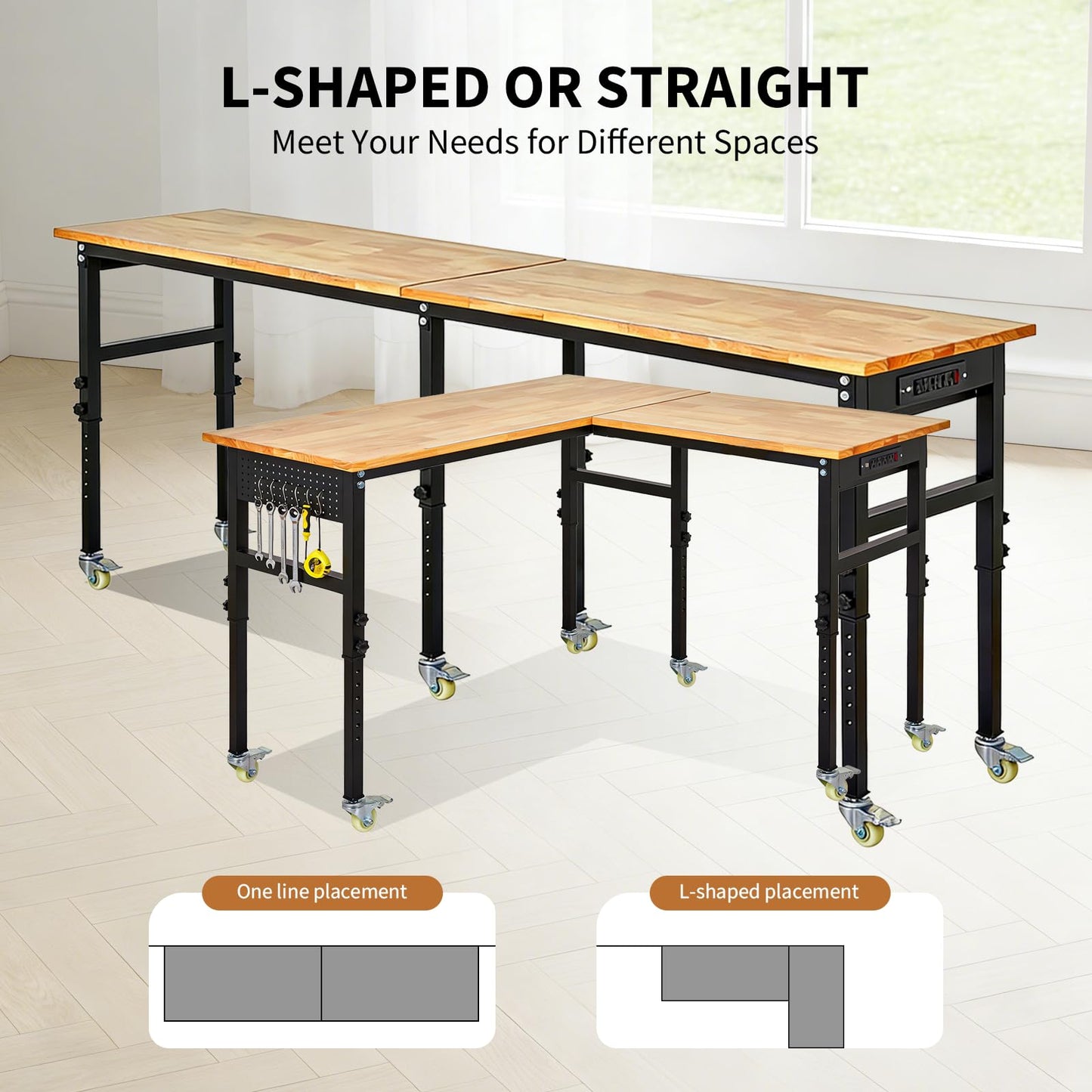 L-Shaped Adjustable Workbench 48"+48" with Power Outlet & Wheels - 2000lbs Capacity Heavy Duty Garage Workshop Table with Pegboard & Rubber Wood Top for Home Office DIY Projects
