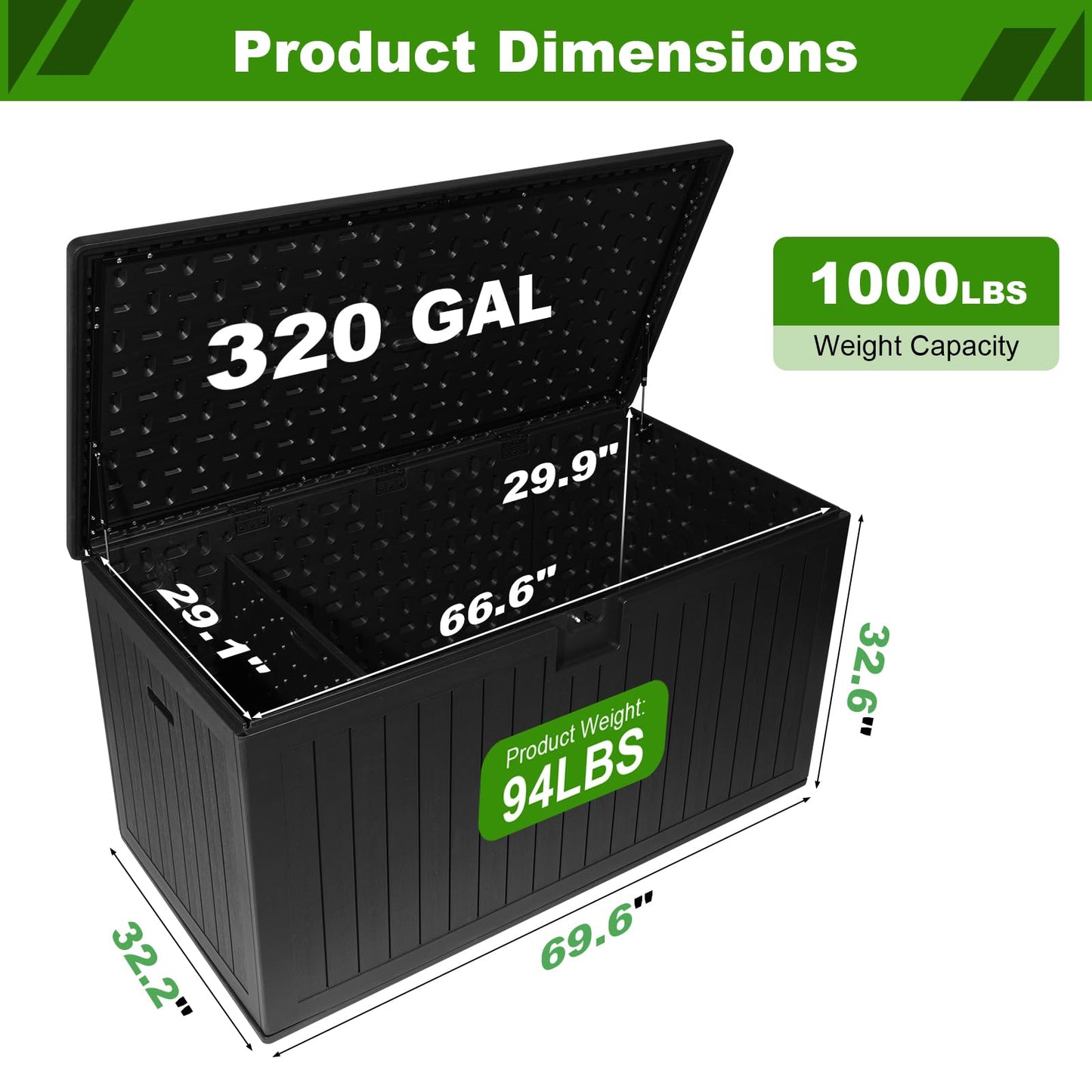 FammyLoft 320 Gallon Deck Box with 6 Waterproof Foot Pads, Resin Storage Box Weatherproof, Plastic Cushion Container with Lock and Lids for Pool Equipment, Black