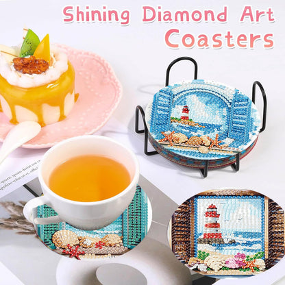 8 PCS Diamond Art Coasters Kits Lighthouse Diamond Painting Coaster Kits Diamond Coasters with Holder Cork Pads Gem Art Dots Paintings Crafts Supplies for Adults Beginners