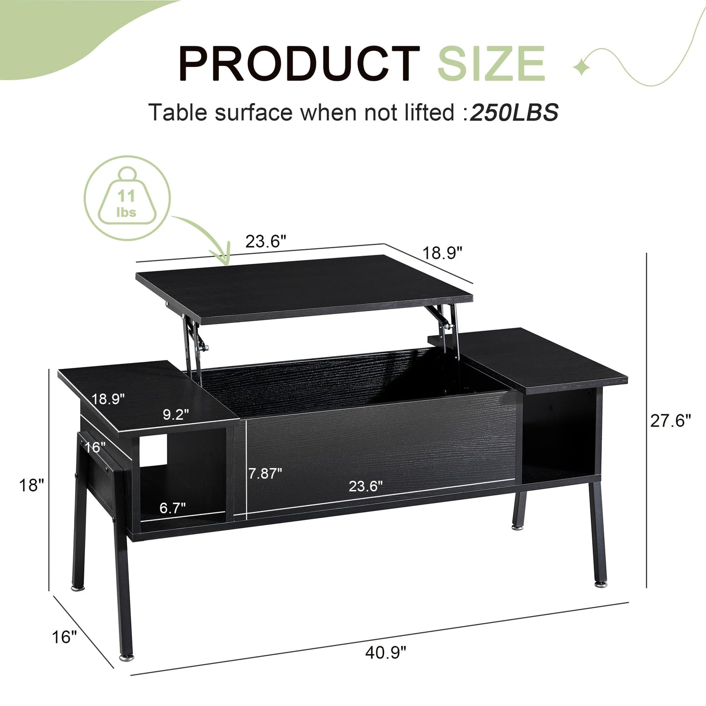 VECELO Wood Lift Top Coffee Table with Hidden Compartment and Storage Shelf for Living Room/Office Reception, Rising Tabletop, Black