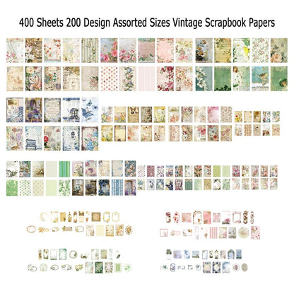 Diuhofart 400Pcs Vintage Scrapbook Supplies Kit, Scrapbook Paper and Journaling Stickers Set, 4Pack Scrap Booking Kit for Junk Journals, Bujo, Collage, Card Making, DIY Crafts Arts
