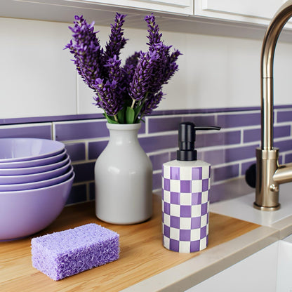 Hand Soap Dispenser, Purple Soap Dispenser with Stainless Steel Pump for Bathroom/Kitchen Countertop, Ceramic Modern Cute Refillable Lotion/Liquid Bottles for Bathrooms,Lavender Bathroom Decor (15oz)