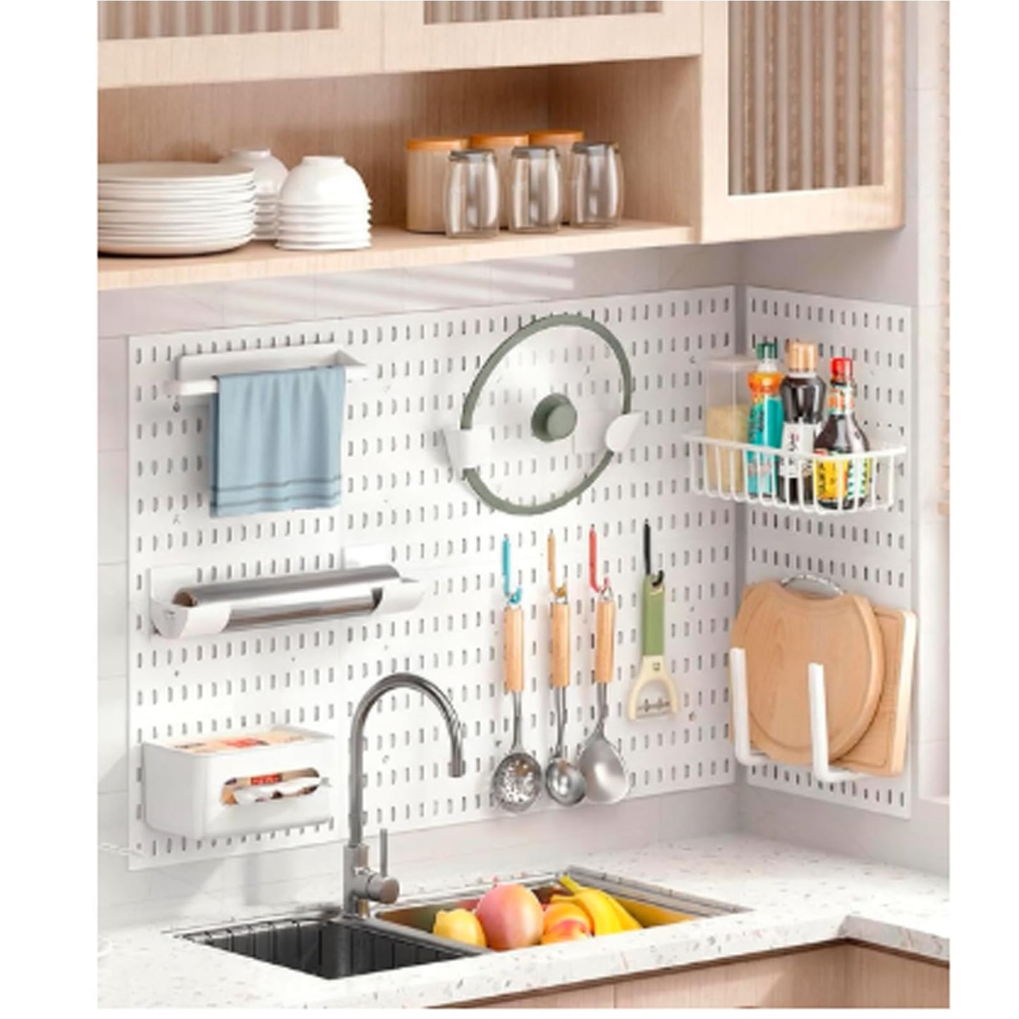 4 Pack White Peg Boards with Hooks & Shelves,22pcs Kits Pegboard Wall Organizer Set–Pegboard Wall Display Rack for Office, Kitchen, Gaming Room Desk Pegboards Storage