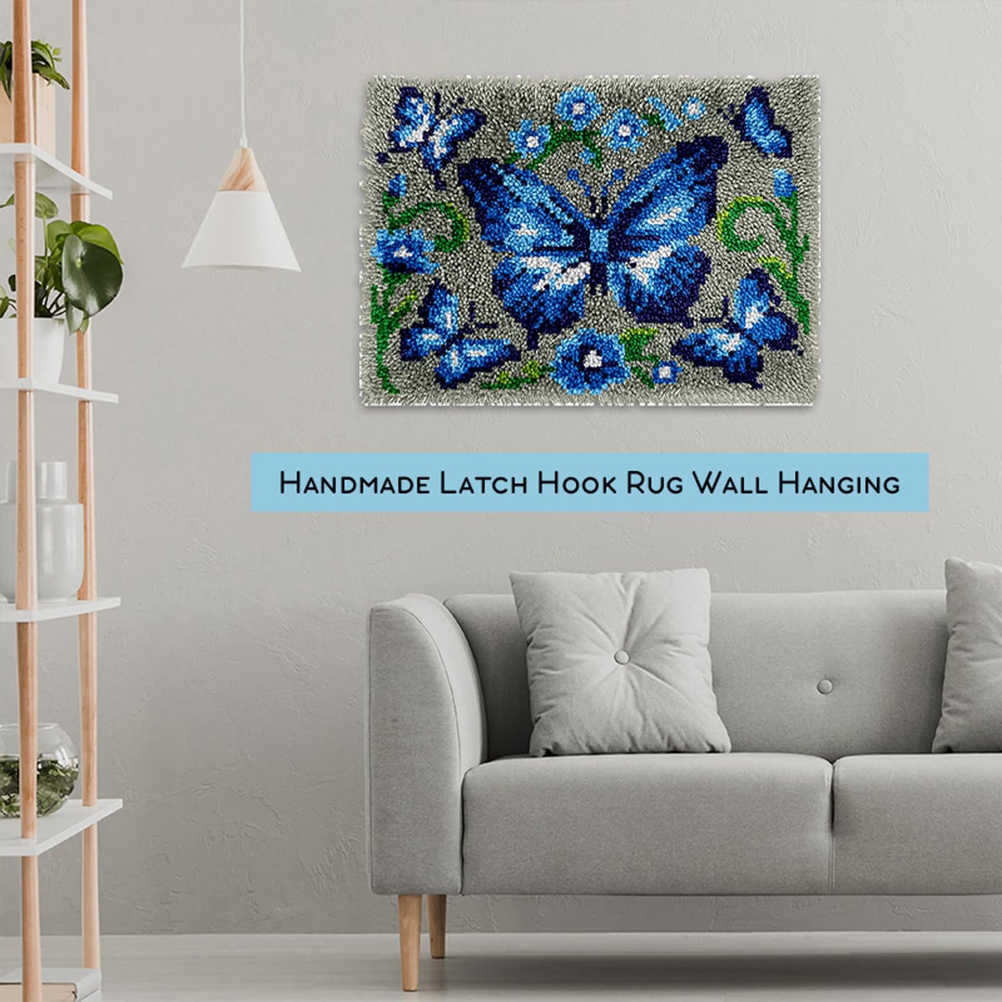 veirousa Blue Butterfly Latch Hook Kit for Adults Beginners, Pre-Printed Latch Hook Rug Kit, DIY Carpet Making Set for Home Wall Hanging Art Decoration 20x15 Inch