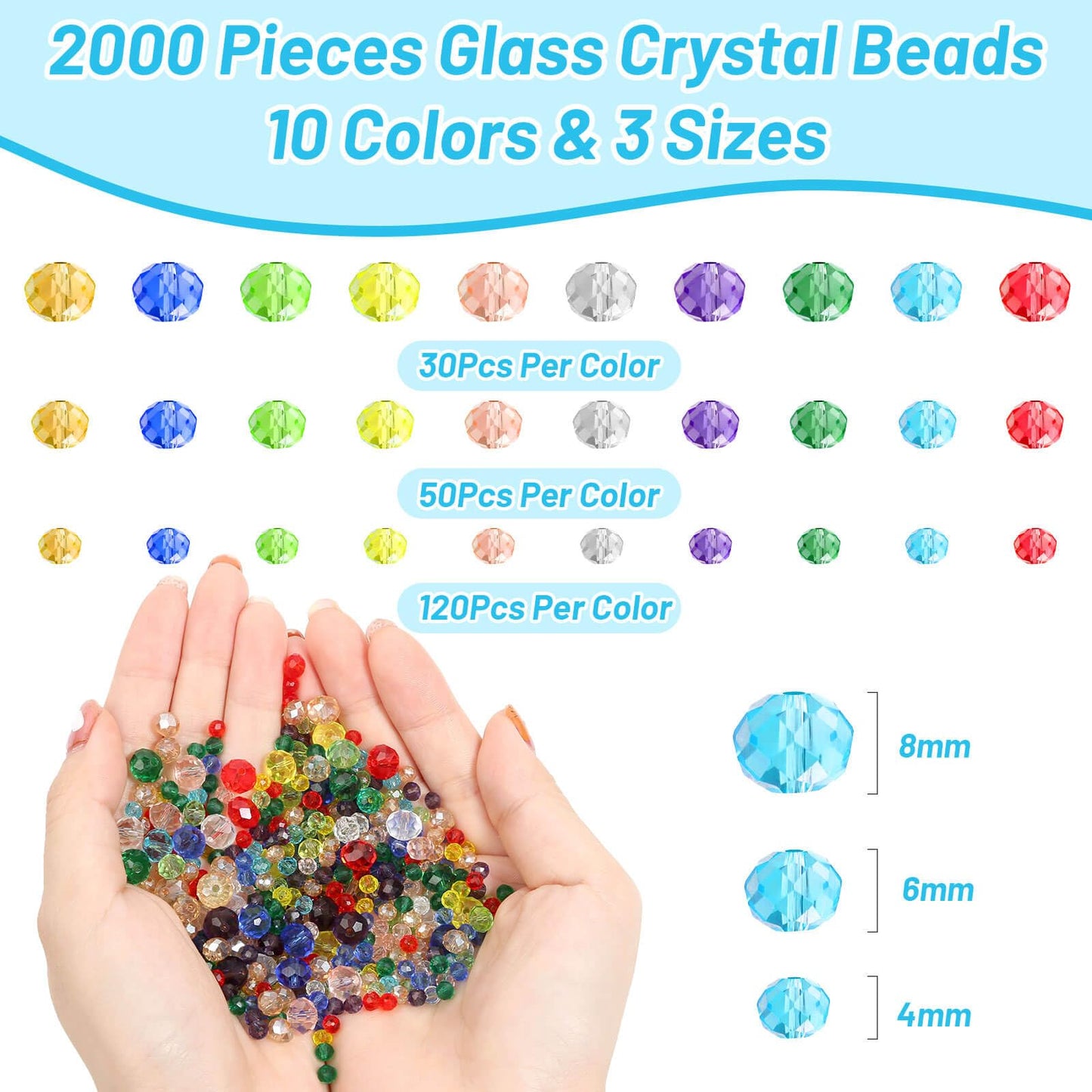 cridoz 2000 Pcs Briolette Crystal Glass Beads for Jewelry Making, Rondelle Crystal Beads for Crafts and Suncatchers, 10 Coloers, 3 Sizes(4mm, 6mm, 8 mm)